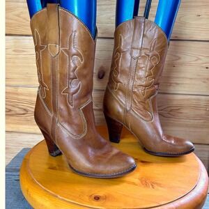 Vintage Tan Leather Western Cowboy Boots High Heel Contrast Stitch 7.5 Womens